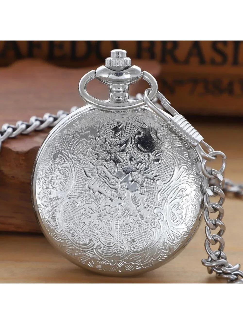 Men's Silver Analog Quartz Arabic Numeral Moon Phase Chain Dial Pocket Watch